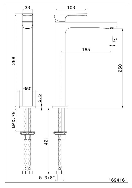 Смеситель для раковины OLE однорычажный высокий без донного клапана, золотой атласный КЕРАМА МАРАЦЦИ фото Смеситель для раковины OLE однорычажный высокий без донного клапана, золотой атласный КЕРАМА МАРАЦЦИ