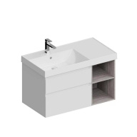 фото CUB.90Lh/WHT.M Тумба CUBO левая подвесная с ящиками 90, белая матовая-древесная КЕРАМА МАРАЦЦИ